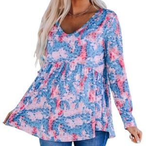 Blue Leopard Tie Dye V Neck Pleated Long Sleeve Top